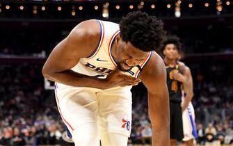 CLEVELAND, OHIO - FEBRUARY 26: Joel Embiid #21 of the Philadelphia 76ers reacts after an injury during the first half against the Cleveland Cavaliers at Rocket Mortgage Fieldhouse on February 26, 2020 in Cleveland, Ohio. NOTE TO USER: User expressly acknowledges and agrees that, by downloading and/or using this photograph, user is consenting to the terms and conditions of the Getty Images License Agreement. (Photo by Jason Miller/Getty Images)