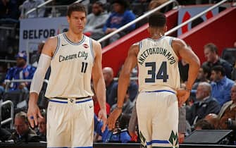 DETROIT, MI - DECEMBER 4: Brook Lopez #11 of the Milwaukee Bucks and Giannis Antetokounmpo #34 of the Milwaukee Bucks look on during a game against the Detroit Pistons on December 4, 2019 at Little Caesars Arena in Detroit, Michigan. NOTE TO USER: User expressly acknowledges and agrees that, by downloading and/or using this photograph, User is consenting to the terms and conditions of the Getty Images License Agreement. Mandatory Copyright Notice: Copyright 2019 NBAE (Photo by Brian Sevald/NBAE via Getty Images)