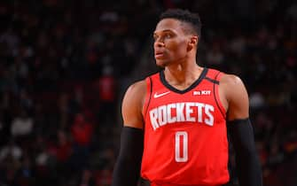 HOUSTON, TX - FEBRUARY 26 : Russell Westbrook #0 of the Houston Rockets looks on during the game against the Memphis Grizzlies on February 26, 2020 at the Toyota Center in Houston, Texas. NOTE TO USER: User expressly acknowledges and agrees that, by downloading and or using this photograph, User is consenting to the terms and conditions of the Getty Images License Agreement. Mandatory Copyright Notice: Copyright 2020 NBAE (Photo by Bill Baptist/NBAE via Getty Images)