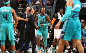 CHARLOTTE, NC - FEBRUARY 26: Terry Rozier #3 of the Charlotte Hornets smiles during the game against the New York Knicks on February 26, 2020 at Spectrum Center in Charlotte, North Carolina. NOTE TO USER: User expressly acknowledges and agrees that, by downloading and or using this photograph, User is consenting to the terms and conditions of the Getty Images License Agreement. Mandatory Copyright Notice: Copyright 2020 NBAE (Photo by Kent Smith/NBAE via Getty Images)