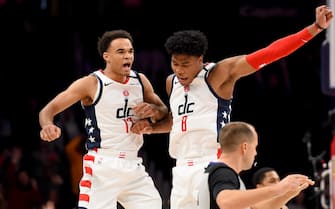 WASHINGTON, DC - FEBRUARY 26: Jerome Robinson #12 of the Washington Wizards celebrates with Rui Hachimura #8 after hitting the game-winning shot against the Brooklyn Nets during the second half at Capital One Arena on February 26, 2020 in Washington, DC. NOTE TO USER: User expressly acknowledges and agrees that, by downloading and or using this photograph, User is consenting to the terms and conditions of the Getty Images License Agreement. (Photo by Will Newton/Getty Images)