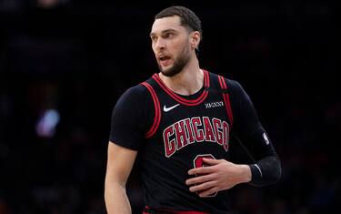 PHILADELPHIA, PA - FEBRUARY 09: Zach LaVine #8 of the Chicago Bulls looks on against the Philadelphia 76ers at the Wells Fargo Center on February 9, 2020 in Philadelphia, Pennsylvania. The 76ers defeated the Bulls 118-111. NOTE TO USER: User expressly acknowledges and agrees that, by downloading and/or using this photograph, user is consenting to the terms and conditions of the Getty Images License Agreement. (Photo by Mitchell Leff/Getty Images) *** Local Caption *** Zach LaVine