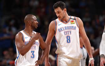 OKLAHOMA CITY, OK - FEBRUARY 27: Chris Paul #3 and Danilo Gallinari #8 of the Oklahoma City Thunder talk during the game against the Sacramento Kings on February 27, 2020 at Chesapeake Energy Arena in Oklahoma City, Oklahoma. NOTE TO USER: User expressly acknowledges and agrees that, by downloading and or using this photograph, User is consenting to the terms and conditions of the Getty Images License Agreement. Mandatory Copyright Notice: Copyright 2020 NBAE (Photo by Zach Beeker/NBAE via Getty Images)
