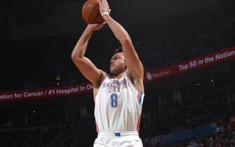 OKLAHOMA CITY, OK - FEBRUARY 27: Danilo Gallinari #8 of the Oklahoma City Thunder shoots the ball against the Sacramento Kings on February 27, 2020 at Chesapeake Energy Arena in Oklahoma City, Oklahoma. NOTE TO USER: User expressly acknowledges and agrees that, by downloading and or using this photograph, User is consenting to the terms and conditions of the Getty Images License Agreement. Mandatory Copyright Notice: Copyright 2020 NBAE (Photo by Zach Beeker/NBAE via Getty Images)