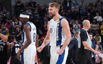 INDIANAPOLIS, IN - FEBRUARY 27: Domantas Sabonis #11 of the Indiana Pacers reacts to a play against the Portland Trail Blazers on February 27, 2020 at Bankers Life Fieldhouse in Indianapolis, Indiana. NOTE TO USER: User expressly acknowledges and agrees that, by downloading and or using this Photograph, user is consenting to the terms and conditions of the Getty Images License Agreement. Mandatory Copyright Notice: Copyright 2020 NBAE (Photo by Ron Hoskins/NBAE via Getty Images)