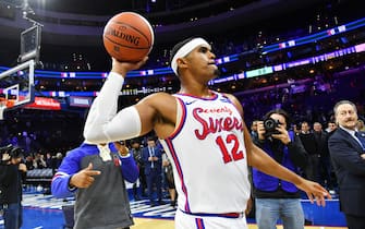 PHILADELPHIA, PA - FEBRUARY 27: Tobias Harris #12 of the Philadelphia 76ers throws a basketball to the crowd after a game against the New York Knicks on February 27, 2020 at the Wells Fargo Center in Philadelphia, Pennsylvania NOTE TO USER: User expressly acknowledges and agrees that, by downloading and/or using this Photograph, user is consenting to the terms and conditions of the Getty Images License Agreement. Mandatory Copyright Notice: Copyright 2020 NBAE (Photo by Jesse D. Garrabrant/NBAE via Getty Images)