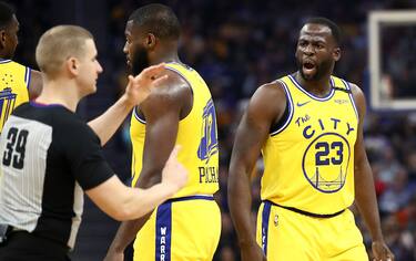 SAN FRANCISCO, CALIFORNIA - FEBRUARY 27: Draymond Green #23 of the Golden State Warriors argues with referee Tyler Ford as he received his second technical foul of their game against the Los Angeles Lakers at Chase Center on February 27, 2020 in San Francisco, California.  NOTE TO USER: User expressly acknowledges and agrees that, by downloading and or using this photograph, User is consenting to the terms and conditions of the Getty Images License Agreement.  (Photo by Ezra Shaw/Getty Images)