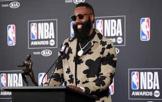 SANTA MONICA, CA - JUNE 25: James Harden #13 of the Houston Rockets talks to the media during a press conference after winning the Most Valuable Player Award at the NBA Awards Show on June 25, 2018 at the Barker Hangar in Santa Monica, California. NOTE TO USER: User expressly acknowledges and agrees that, by downloading and or using this Photograph, user is consenting to the terms and conditions of the Getty Images License Agreement. Mandatory Copyright Notice: Copyright 2018 NBAE (Photo by Will Navarro/NBAE via Getty Images)