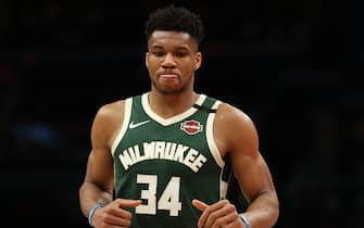 WASHINGTON, DC - FEBRUARY 24: Giannis Antetokounmpo #34 of the Milwaukee Bucks looks on against the Washington Wizards during the first half at Capital One Arena on February 24, 2020 in Washington, DC. NOTE TO USER: User expressly acknowledges and agrees that, by downloading and or using this photograph, User is consenting to the terms and conditions of the Getty Images License Agreement. (Photo by Patrick Smith/Getty Images)