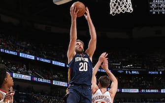 NEW ORLEANS, LA - FEBRUARY 28: Nicolo Melli #20 of the New Orleans Pelicans shoots the ball against the Cleveland Cavaliers on February 28, 2020 at the Smoothie King Center in New Orleans, Louisiana. NOTE TO USER: User expressly acknowledges and agrees that, by downloading and or using this Photograph, user is consenting to the terms and conditions of the Getty Images License Agreement. Mandatory Copyright Notice: Copyright 2020 NBAE (Photo by Layne Murdoch Jr./NBAE via Getty Images)