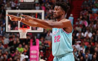 MIAMI, FL - FEBRUARY 28: Jimmy Butler #22 of the Miami Heat looks on during the game against the Dallas Mavericks on February 28, 2020 at American Airlines Arena in Miami, Florida. NOTE TO USER: User expressly acknowledges and agrees that, by downloading and or using this Photograph, user is consenting to the terms and conditions of the Getty Images License Agreement. Mandatory Copyright Notice: Copyright 2020 NBAE (Photo by Issac Baldizon/NBAE via Getty Images)