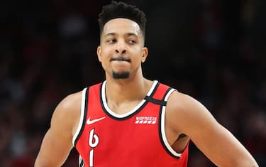 PORTLAND, OREGON - FEBRUARY 23: CJ McCollum #3 of the Portland Trail Blazers reacts in the third quarter against the Detroit Pistons during their game at Moda Center on February 23, 2020 in Portland, Oregon. NOTE TO USER: User expressly acknowledges and agrees that, by downloading and or using this photograph, User is consenting to the terms and conditions of the Getty Images License Agreement. (Photo by Abbie Parr/Getty Images)