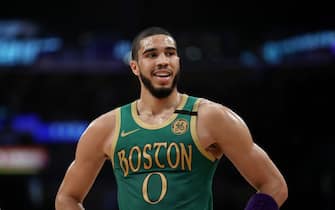 LOS ANGELES, CALIFORNIA - FEBRUARY 23: Jayson Tatum #0 of the Boston Celtics looks on during the game against the Los Angeles Lakers at Staples Center on February 23, 2020 in Los Angeles, California. (Photo by Katelyn Mulcahy/Getty Images)