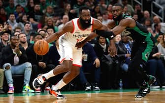 BOSTON, MASSACHUSETTS - FEBRUARY 29: Jaylen Brown #7 of the Boston Celtics defends James Harden #13 of the Houston Rockets during the first half of the game at TD Garden on February 29, 2020 in Boston, Massachusetts. (Photo by Maddie Meyer/Getty Images)