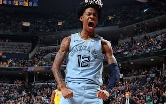 MEMPHIS, TN - FEBRUARY 29: Ja Morant #12 of the Memphis Grizzlies reacts to a play during the game against the Los Angeles Lakers on February 29, 2020 at FedExForum in Memphis, Tennessee. NOTE TO USER: User expressly acknowledges and agrees that, by downloading and or using this photograph, User is consenting to the terms and conditions of the Getty Images License Agreement. Mandatory Copyright Notice: Copyright 2020 NBAE (Photo by Joe Murphy/NBAE via Getty Images)
