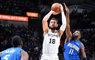 1204242696 SAN ANTONIO, TX - FEBRUARY 29: Marco Belinelli #18 of the San Antonio Spurs shoots the ball against the Orlando Magic on February 29, 2020 at the AT&T Center in San Antonio, Texas. NOTE TO USER: User expressly acknowledges and agrees that, by downloading and or using this photograph, user is consenting to the terms and conditions of the Getty Images License Agreement. Mandatory Copyright Notice: Copyright 2020 NBAE (Photos by Logan Riely/NBAE via Getty Images)