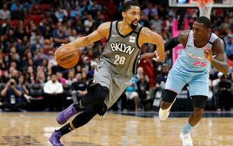 MIAMI, FLORIDA - FEBRUARY 29: Spencer Dinwiddie #26 of the Brooklyn Nets drives to the basket past Kendrick Nunn #25 of the Miami Heat during the second half at American Airlines Arena on February 29, 2020 in Miami, Florida. NOTE TO USER: User expressly acknowledges and agrees that, by downloading and/or using this photograph, user is consenting to the terms and conditions of the Getty Images License Agreement.  (Photo by Michael Reaves/Getty Images)