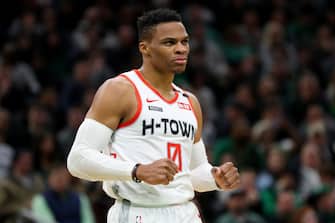 BOSTON, MASSACHUSETTS - FEBRUARY 29: Russell Westbrook #0 of the Houston Rockets celebrates during the second half of the game against the Boston Celtics at TD Garden on February 29, 2020 in Boston, Massachusetts. The Rockets defeat the Celtics 111-110 in overtime.  (Photo by Maddie Meyer/Getty Images)