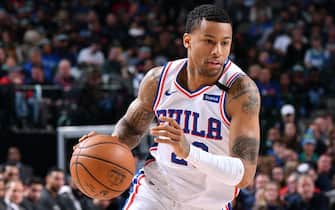 DALLAS, TX - JANUARY 11: Trey Burke #23 of the Philadelphia 76ers handles the ball during the game against the Dallas Mavericks on January 11, 2020 at the American Airlines Center in Dallas, Texas. NOTE TO USER: User expressly acknowledges and agrees that, by downloading and or using this photograph, User is consenting to the terms and conditions of the Getty Images License Agreement. Mandatory Copyright Notice: Copyright 2020 NBAE (Photo by Glenn James/NBAE via Getty Images)