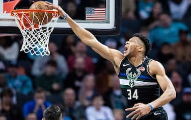 CHARLOTTE, NORTH CAROLINA - MARCH 01: Giannis Antetokounmpo #34 of the Milwaukee Bucks dunks the ball during the second quarter during their game against the Charlotte Hornets at Spectrum Center on March 01, 2020 in Charlotte, North Carolina. NOTE TO USER: User expressly acknowledges and agrees that, by downloading and/or using this photograph, user is consenting to the terms and conditions of the Getty Images License Agreement. (Photo by Jacob Kupferman/Getty Images)