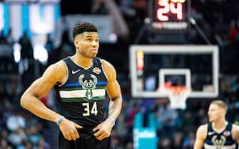 CHARLOTTE, NORTH CAROLINA - MARCH 01: Giannis Antetokounmpo #34 of the Milwaukee Bucks looks on before their game against the Charlotte Hornets at Spectrum Center on March 01, 2020 in Charlotte, North Carolina. NOTE TO USER: User expressly acknowledges and agrees that, by downloading and/or using this photograph, user is consenting to the terms and conditions of the Getty Images License Agreement. (Photo by Jacob Kupferman/Getty Images)