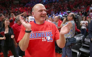 LOS ANGELES, CA - MAY 02: Owner Steve Ballmer of the Los Angeles Clippers celebrates after the Clippers defeated the San Antonio Spurs in Game Seven of the Western Conference quarterfinals of the 2015 NBA Playoffs at Staples Center on May 2, 2015 in Los Angeles, California. The Clippers won 111-109 to win the series four games to three. NOTE TO USER: User expressly acknowledges and agrees that, by downloading and or using this photograph, User is consenting to the terms and conditions of the Getty Images License Agreement. (Photo by Stephen Dunn/Getty Images)