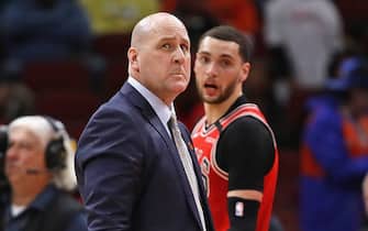 CHICAGO, ILLINOIS - FEBRUARY 25: Head coach Jim Boylen of the Chicago Bulls looks up at the clock after calling a time out late in the game against the Oklahoma City Thunder at the United Center on February 25, 2020 in Chicago, Illinois. The Thunder beat the Bulls 124-122. NOTE TO USER: User expressly acknowledges and agrees that, by downloading and or using this photograph, User is consenting to the terms and conditions of the Getty Images License Agreement. (Photo by Jonathan Daniel/Getty Images)