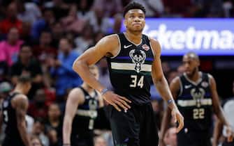 MIAMI, FLORIDA - MARCH 02:  Giannis Antetokounmpo #34 of the Milwaukee Bucks reacts against the Miami Heat during the second half at American Airlines Arena on March 02, 2020 in Miami, Florida. NOTE TO USER: User expressly acknowledges and agrees that, by downloading and/or using this photograph, user is consenting to the terms and conditions of the Getty Images License Agreement.  (Photo by Michael Reaves/Getty Images)