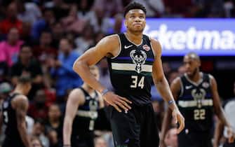 1210002372 MIAMI, FLORIDA - MARCH 02: Giannis Antetokounmpo #34 of the Milwaukee Bucks reacts against the Miami Heat during the second half at American Airlines Arena on March 02, 2020 in Miami, Florida. NOTE TO USER: User expressly acknowledges and agrees that, by downloading and/or using this photograph, user is consenting to the terms and conditions of the Getty Images License Agreement. (Photo by Michael Reaves/Getty Images)