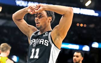 SAN ANTONIO, TX - MARCH 02:  Bryn Forbes #11 of the San Antonio Spurs reacts in closing second of second half action at AT&T Center on March 02, 2020 in San Antonio, Texas.  Indiana Pacers defeated the San Antonio Spurs 116-111. NOTE TO USER: User expressly acknowledges and agrees that , by downloading and or using this photograph, User is consenting to the terms and conditions of the Getty Images License Agreement. (Photo by Ronald Cortes/Getty Images) *** Local Caption *** Bryn Forbes
