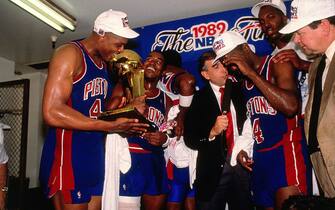 483564532 AUBURN HILLS, MI - JUNE 13: Rick Mahorn #4 of the Detroit Pistons celebrates with his teamates in the locker room after winning the 1989 NBA Finals against the Los Angeles Lakers at the Palace of Auburn Hills in Auburn Hills, MI. NOTE TO USER: User expressly acknowledges and agrees that, by downloading and or using this photograph, User is consenting to the terms and conditions of the Getty Images License Agreement. Mandatory Copyright Notice: Copyright 1989 NBAE (Photo by Nathaniel S. Butler/NBAE via Getty Images)