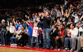 AUBURN HILLS, MI - NOVEMBER 12: Detroit Pistons fans celebrate during a game against the Oklahoma City Thunder on November 12, 2012 at The Palace of Auburn Hills in Auburn Hills, Michigan. NOTE TO USER: User expressly acknowledges and agrees that, by downloading and or using this photograph, user is consenting to the terms and conditions of the Getty Images License Agreement. Mandatory Copyright Notice: Copyright 2012 NBAE (Photo by Joe Murphy/NBAE via Getty Images)