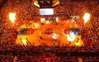 AUBURN HILLS, MI - JUNE 13:   A general overal view as the arena is lit up during Detroit Pistons player introductions before game four of the 2004 NBA Finals against the Los Angeles Lakers June 13, 2004 at the Palace of Auburn Hills in Auburn Hills, Michigan.  NOTE TO USER: User expressly acknowledges and agrees that, by downloading and/or using this Photograph, User is consenting to the terms and conditions of the Getty Images License Agreement.  (Photo by Kent Horner/NBAE via Getty Images)