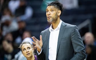 CHARLOTTE, NORTH CAROLINA - MARCH 03: Assistant coach Tim Duncan of the San Antonio Spurs reacts during the third quarter of the game against the Charlotte Hornets at Spectrum Center on March 03, 2020 in Charlotte, North Carolina. NOTE TO USER: User expressly acknowledges and agrees that, by downloading and/or using this photograph, user is consenting to the terms and conditions of the Getty Images License Agreement. (Photo by Jacob Kupferman/Getty Images)