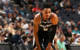 CHARLOTTE, NC - MARCH 3: Dejounte Murray #5 of the San Antonio Spurs looks on during the game against the Charlotte Hornets on March 3, 2020 at Spectrum Center in Charlotte, North Carolina. NOTE TO USER: User expressly acknowledges and agrees that, by downloading and or using this photograph, User is consenting to the terms and conditions of the Getty Images License Agreement. Mandatory Copyright Notice: Copyright 2020 NBAE (Photo by Kent Smith/NBAE via Getty Images)