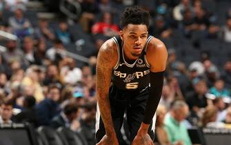 CHARLOTTE, NC - MARCH 3: Dejounte Murray #5 of the San Antonio Spurs looks on during the game against the Charlotte Hornets on March 3, 2020 at Spectrum Center in Charlotte, North Carolina. NOTE TO USER: User expressly acknowledges and agrees that, by downloading and or using this photograph, User is consenting to the terms and conditions of the Getty Images License Agreement. Mandatory Copyright Notice: Copyright 2020 NBAE (Photo by Kent Smith/NBAE via Getty Images)