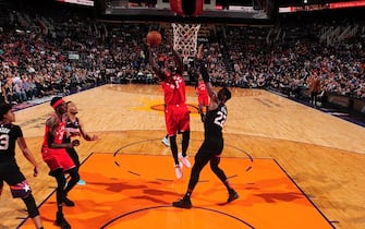 PHOENIX, AZ - MARCH 3: Pascal Siakam #43 of the Toronto Raptors shoots the ball against the Phoenix Suns on March 3, 2020 at Talking Stick Resort Arena in Phoenix, Arizona. NOTE TO USER: User expressly acknowledges and agrees that, by downloading and or using this photograph, user is consenting to the terms and conditions of the Getty Images License Agreement. Mandatory Copyright Notice: Copyright 2020 NBAE (Photo by Barry Gossage/NBAE via Getty Images)