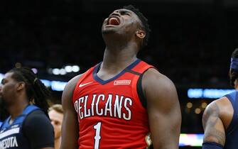 NEW ORLEANS, LOUISIANA - MARCH 03: Zion Williamson #1 of the New Orleans Pelicans reacts after a play against the Minnesota Timberwolves during the first half at the Smoothie King Center on March 03, 2020 in New Orleans, Louisiana. NOTE TO USER: User expressly acknowledges and agrees that, by downloading and or using this Photograph, user is consenting to the terms and conditions of the Getty Images License Agreement. (Photo by Jonathan Bachman/Getty Images)