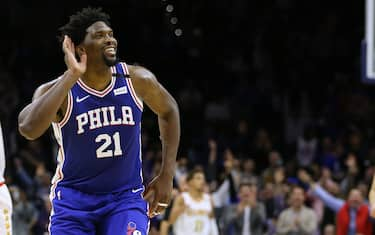 PHILADELPHIA, PA - FEBRUARY 24: Joel Embiid #21 of the Philadelphia 76ers gestures after scoring a three-point basket for his career high 49th point during the second half of an NBA basketball game against of the Atlanta Hawks at Wells Fargo Center on February 24, 2020 in Philadelphia, Pennsylvania. The Sixers defeated the Hawks 129-112. (Photo by Rich Schultz/Getty Images)