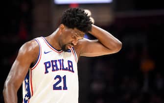 CLEVELAND, OHIO - FEBRUARY 26: Joel Embiid #21 of the Philadelphia 76ers reacts after an injury during the first half against the Cleveland Cavaliers at Rocket Mortgage Fieldhouse on February 26, 2020 in Cleveland, Ohio. NOTE TO USER: User expressly acknowledges and agrees that, by downloading and/or using this photograph, user is consenting to the terms and conditions of the Getty Images License Agreement. (Photo by Jason Miller/Getty Images)