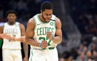 CLEVELAND, OHIO - MARCH 04: Semi Ojeleye #37 of the Boston Celtics celebrates after scoring during the first half against the Cleveland Cavaliers at Rocket Mortgage Fieldhouse on March 04, 2020 in Cleveland, Ohio. NOTE TO USER: User expressly acknowledges and agrees that, by downloading and/or using this photograph, user is consenting to the terms and conditions of the Getty Images License Agreement. (Photo by Jason Miller/Getty Images)