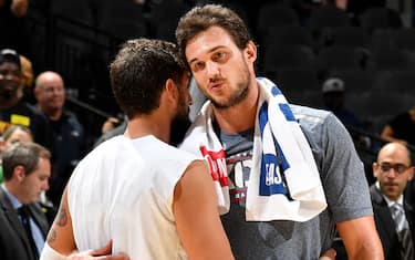 SAN ANTONIO, TX - NOVEMBER 7: Marco Belinelli #18 of the San Antonio Spurs hugs Danilo Gallinari #8 of the Oklahoma City Thunder after the game on November 7, 2019 at the AT&T Center in San Antonio, Texas. NOTE TO USER: User expressly acknowledges and agrees that, by downloading and or using this photograph, user is consenting to the terms and conditions of the Getty Images License Agreement. Mandatory Copyright Notice: Copyright 2019 NBAE (Photos by Logan Riely/NBAE via Getty Images)