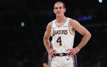 LOS ANGELES, CALIFORNIA - OCTOBER 27:  Alex Caruso #4 of the Los Angeles Lakers looks on during the second half of a game against the Charlotte Hornets at Staples Center on October 27, 2019 in Los Angeles, California. (Photo by Sean M. Haffey/Getty Images)