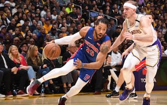LOS ANGELES, CA - JANUARY 5: Derrick Rose #25 of the Detroit Pistons handles the ball against the Los Angeles Lakers on January 5, 2020 at STAPLES Center in Los Angeles, California. NOTE TO USER: User expressly acknowledges and agrees that, by downloading and/or using this Photograph, user is consenting to the terms and conditions of the Getty Images License Agreement. Mandatory Copyright Notice: Copyright 2020 NBAE (Photo by Andrew D. Bernstein/NBAE via Getty Images)