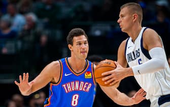 DALLAS, TX - OCTOBER 14: Danilo Gallinari #8 of the Oklahoma City Thunder plays defense during a pre-season game against the Dallas Mavericks on October 14, 2019 at  American Airlines Center in Dallas, TX. NOTE TO USER: User expressly acknowledges and agrees that, by downloading and or using this photograph, User is consenting to the terms and conditions of the Getty Images License Agreement. Mandatory Copyright Notice: Copyright 2019 NBAE (Photo by Zach Beeker/NBAE via Getty Images)