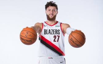 PORTLAND, OR - SEPTEMBER 30: Jusuf Nurkic #27 of the Portland Trail Blazers poses for a portrait during Media Day September 30, 2019 at the Veterans Memorial Coliseum Portland, Oregon. NOTE TO USER: User expressly acknowledges and agrees that, by downloading and or using this photograph, user is consenting to the terms and conditions of the Getty Images License Agreement. Mandatory Copyright Notice: Copyright 2019 NBAE (Photo by Sam Forencich/NBAE via Getty Images)