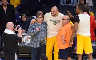 LOS ANGELES, CA - APRIL 12:  (L-R) Jack Black, Robert Sacre, Kyle Gass and Dwight Howard attend a basketball game between the Golden State Warriors and the Los Angeles Lakers at Staples Center on April 12, 2013 in Los Angeles, California.  (Photo by Noel Vasquez/Getty Images)