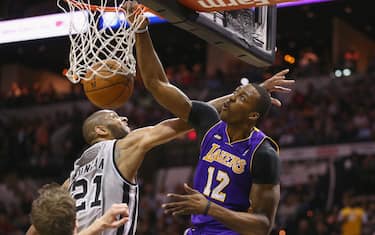 during Game Two of the Western Conference Quarterfinals of the 2013 NBA Playoffs at AT&T Center on April 24, 2013 in San Antonio, Texas. NOTE TO USER: User expressly acknowledges and agrees that, by downloading and or using this photograph, User is consenting to the terms and conditions of the Getty Images License Agreement.