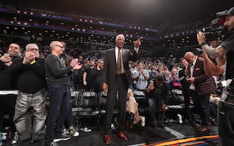 1205522522 BROOKLYN, NY - MARCH 6: NBA Legend Julius Erving is honored during the game between the San Antonio Spurs and the Brooklyn Nets on March 6, 2020 at Barclays Center in Brooklyn, New York. NOTE TO USER: User expressly acknowledges and agrees that, by downloading and or using this Photograph, user is consenting to the terms and conditions of the Getty Images License Agreement. Mandatory Copyright Notice: Copyright 2020 NBAE (Photo by Nathaniel S. Butler/NBAE via Getty Images)