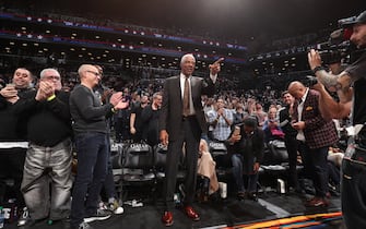 BROOKLYN, NY - MARCH 6: NBA Legend Julius Erving is honored during the game between the San Antonio Spurs and the Brooklyn Nets on March 6, 2020 at Barclays Center in Brooklyn, New York. NOTE TO USER: User expressly acknowledges and agrees that, by downloading and or using this Photograph, user is consenting to the terms and conditions of the Getty Images License Agreement. Mandatory Copyright Notice: Copyright 2020 NBAE (Photo by Nathaniel S. Butler/NBAE via Getty Images)